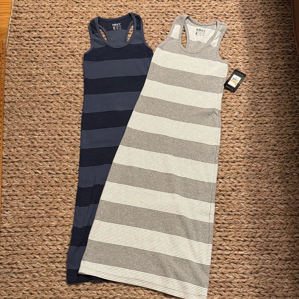 NWT Andrew Marc Navy Blue and Gray Striped Maxi Tank Dress Dresses Sz Small S